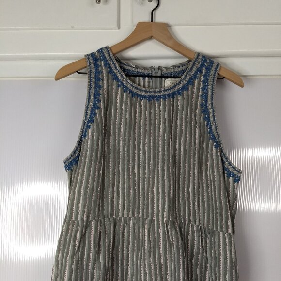Voloshin Striped Embroidered Detail Shift Midi Dress Linen Cotton Blend Sz Large - Picture 2 of 15